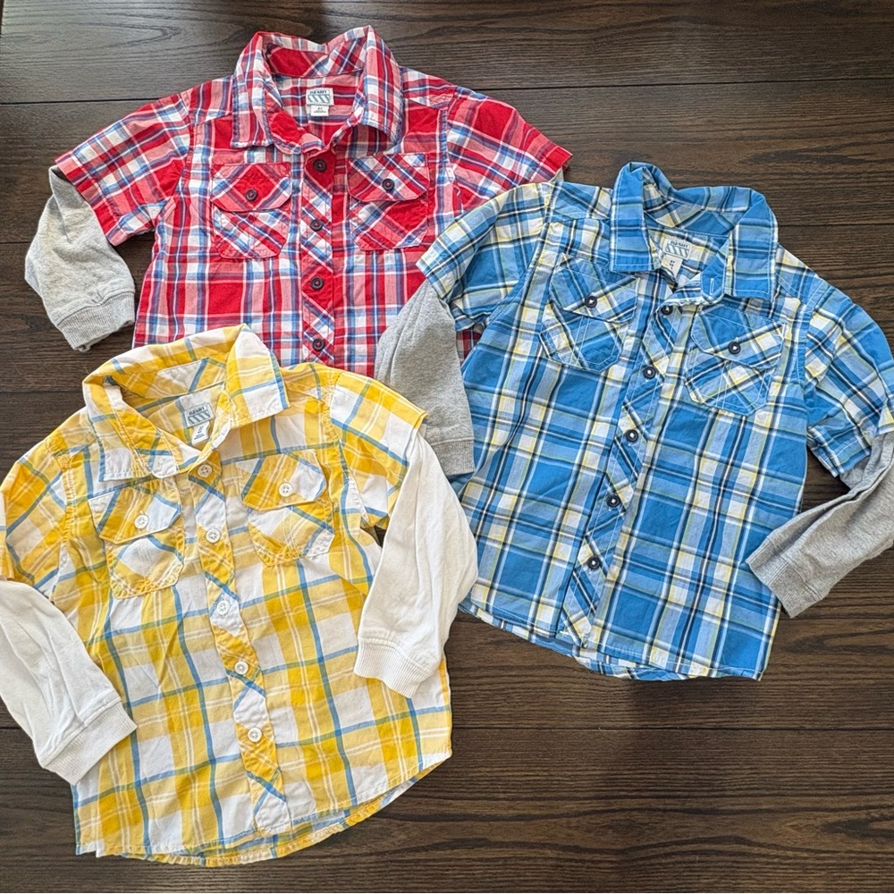 Old Navy Boy Size 5 Plaid Button-Down Shirts, Red, Yellow, Blue